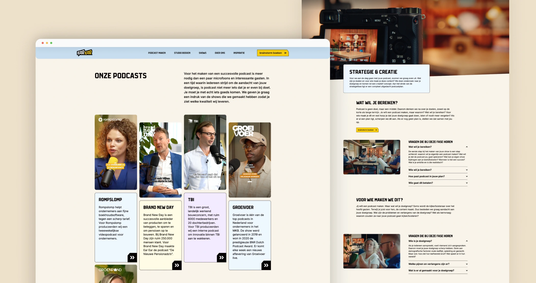 Overzicht van de website van EarEar met voorbeelden van hun podcastproducties en informatie over strategie en creatie.