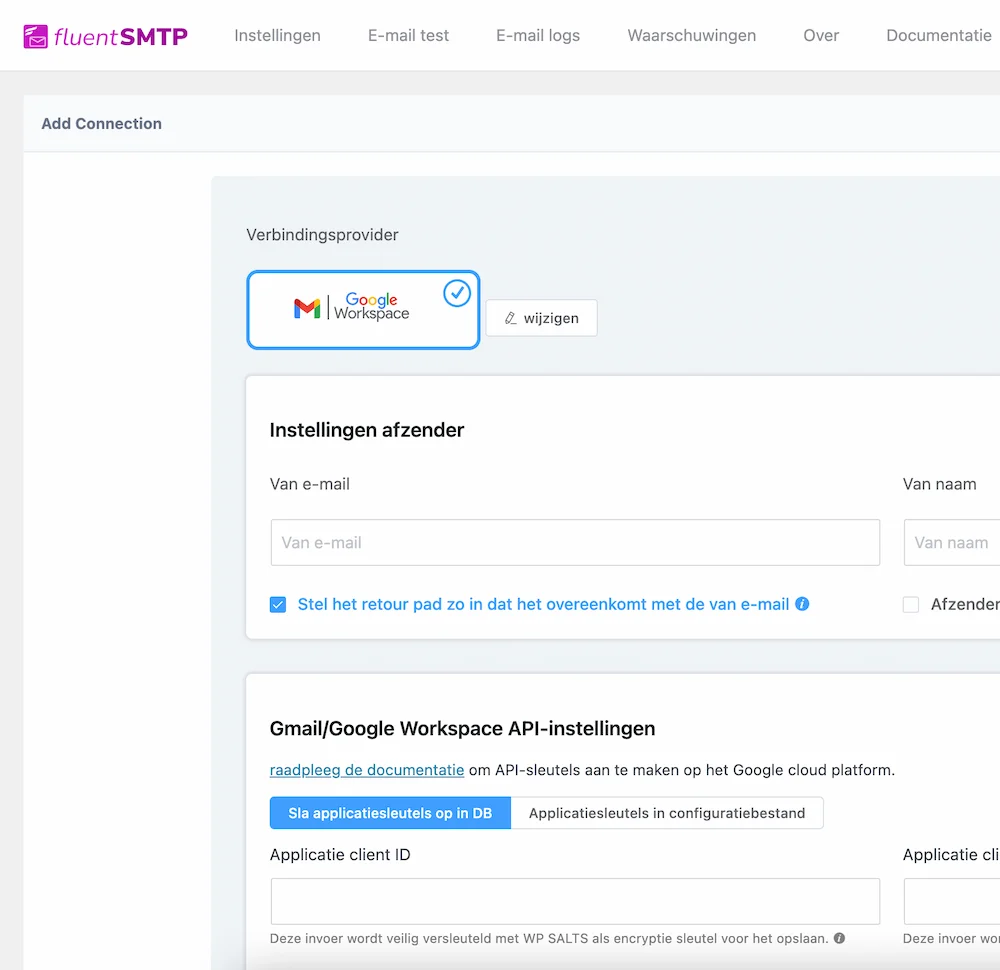 FluentSMTP interface showing the configuration settings for connecting with Google Workspace via Gmail API.