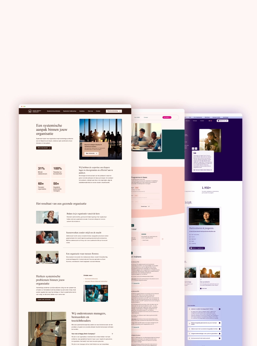 Drie overlappende webpagina’s van de GSGZ-website met informatie over systemische organisatieontwikkeling en programma-aanbod.