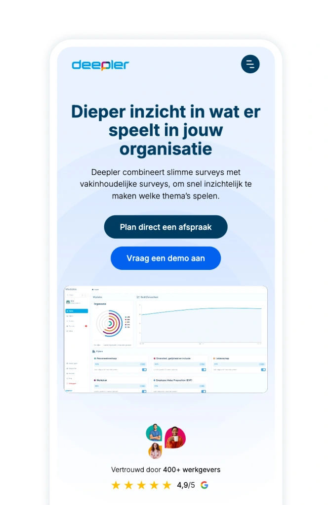 Promotionele afbeelding van Deepler met een overzicht van hun surveyplatform en klantbeoordelingen.