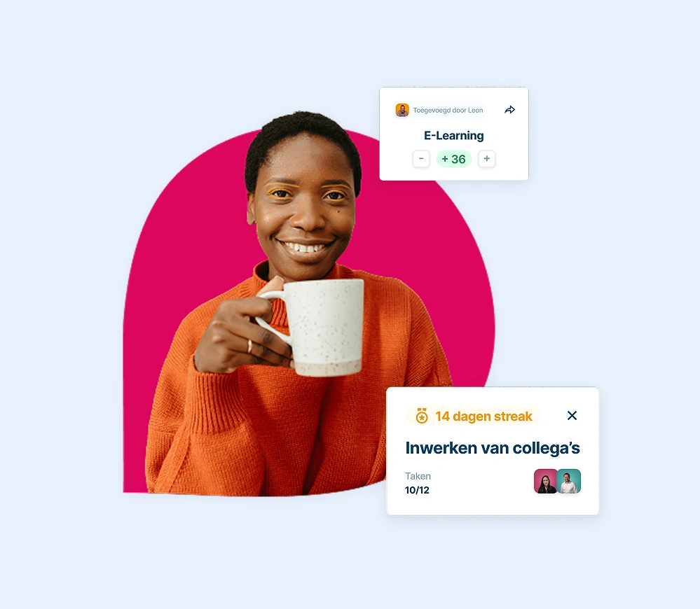 Een persoon in een oranje trui houdt een mok vast met daarnaast aanwijzingen voor e-learning en collegiale training.