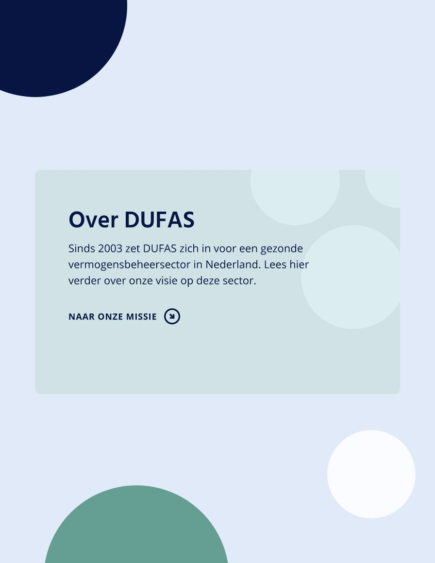 Informatieve grafische afbeelding over DUFAS en hun missie voor een gezonde vermogensbeheersector in Nederland.