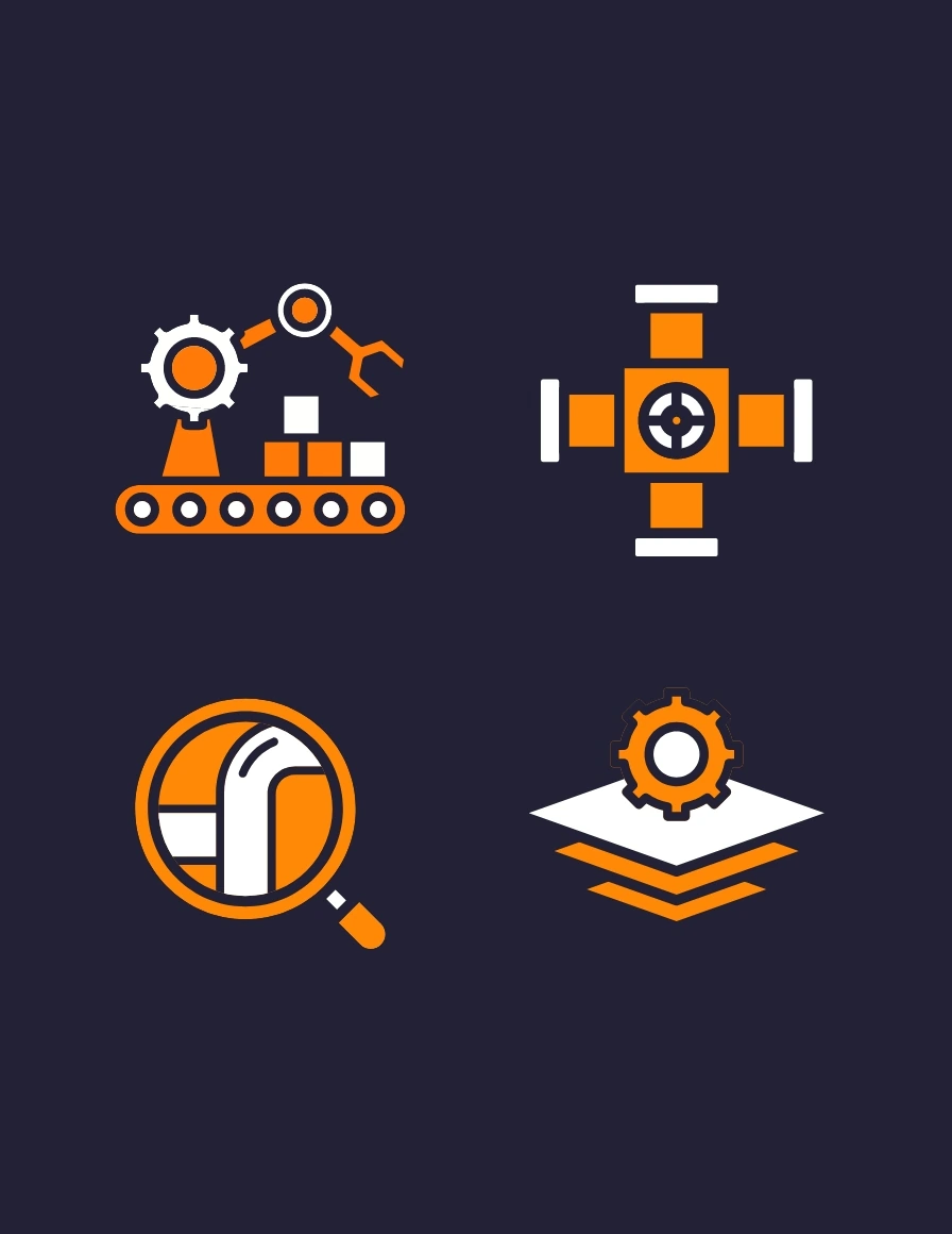 Vier gestileerde industriële iconen op donkere achtergrond, symbool voor automatisering, buisverbindingen, inspectie en technische lagen.