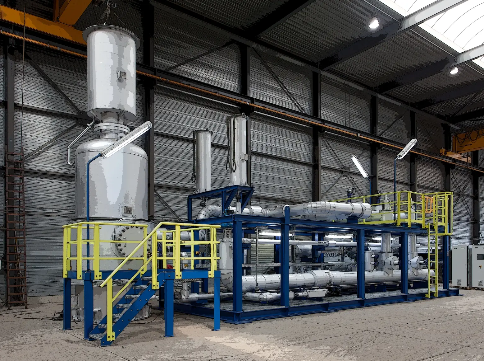 Industriële installatie van FB Group met metalen leidingen en tanks in een fabriekshal.